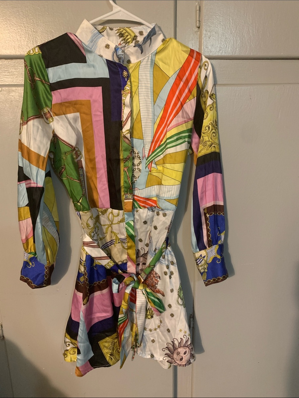 Multicolor Printed Tie-Waist Shirt Dress